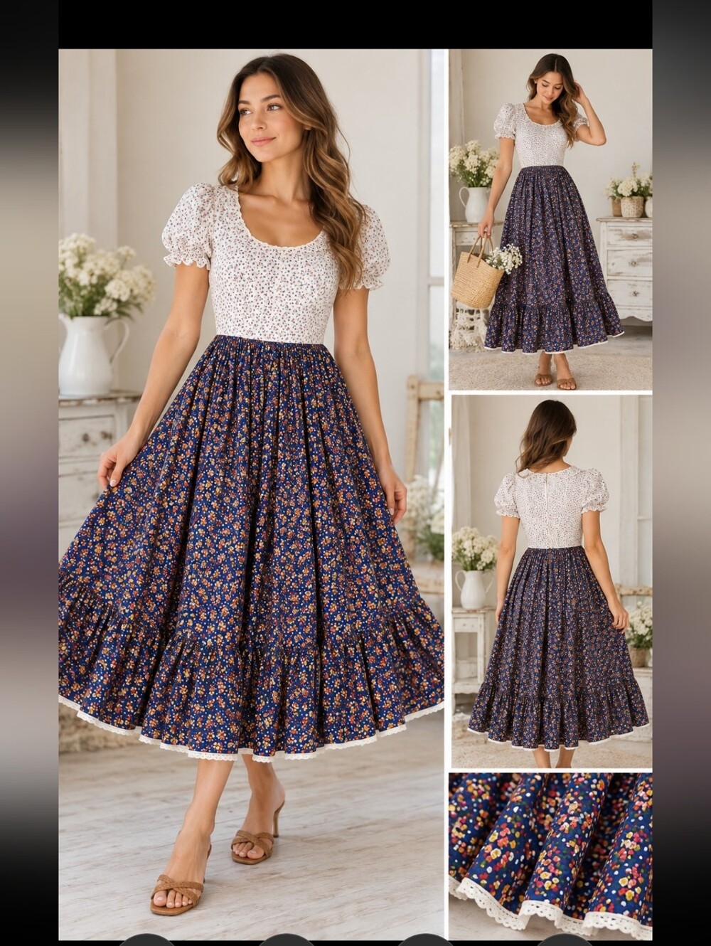 Vintage 1970s Handmade Prairie Dress Navy Floral Calico Ruffle Cottagecore XS S